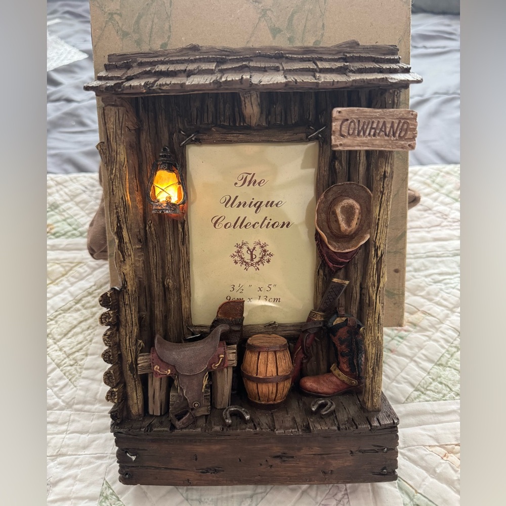 Rustic Western Light Up Picture Frame Cowboy Ranch Decor Lantern Cowhand Cabin